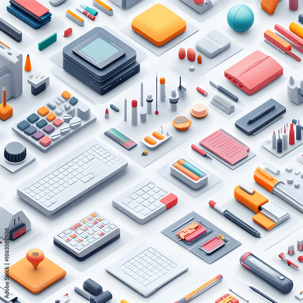 Poster isometric view of a workspace with various tools and equipment.