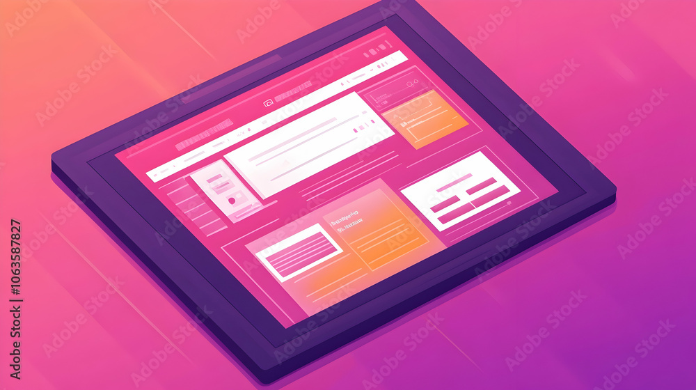 Poster isometric view of a tablet with a modern website design.