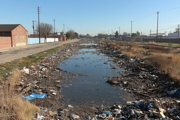 A polluted urban waterway lined with garbage and debris
