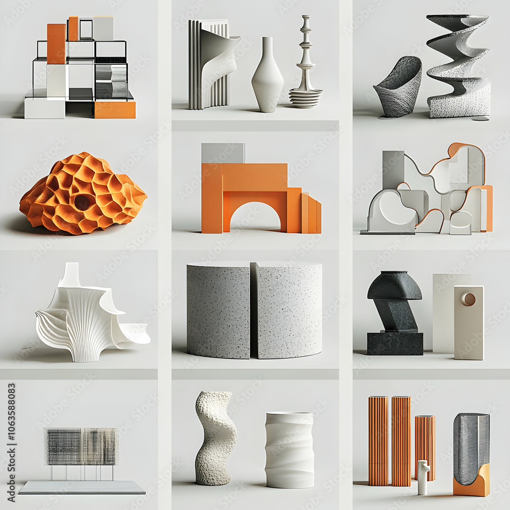 Poster minimalistic collection of abstract geometric shapes in various colors and materials.