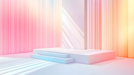 Minimalist white platform with colorful light streaks and pink backdrop.