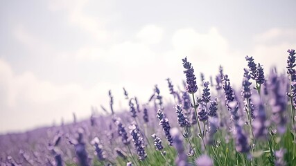Obraz premium A field of lavender blooms bathed in soft, ethereal light, a canvas of delicate purple hues against a backdrop of wispy clouds.