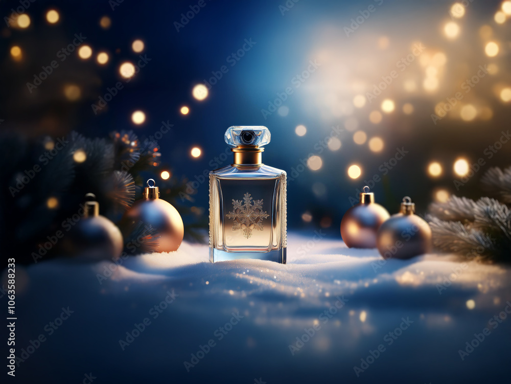 Poster a bottle of perfume sits in the snow with a snowflake design, surrounded by glowing orbs and pine br