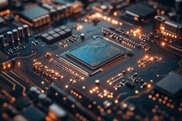 Obraz premium Close-up of a CPU Chip on a Motherboard with Glowing Lights