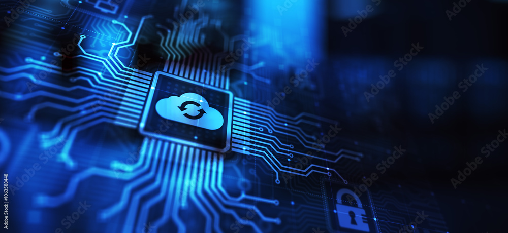 Poster cloud technology computing and data storage concept on virtual screen.