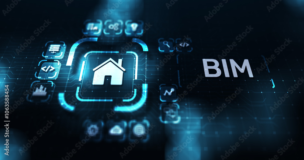Poster bim building information modeling technology concept on virtual screen.