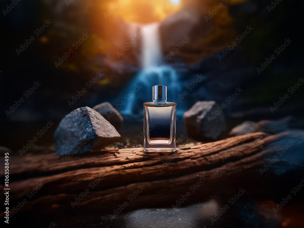 Aufkleber a perfume bottle rests on a wooden log in front of a cascading waterfall.