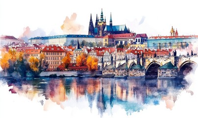 Fototapeta premium Watercolor Prague scenic spring aerial view of the Prague Old Town pier architecture Charles Bridge over Vltava river in Prague, Czechia.
