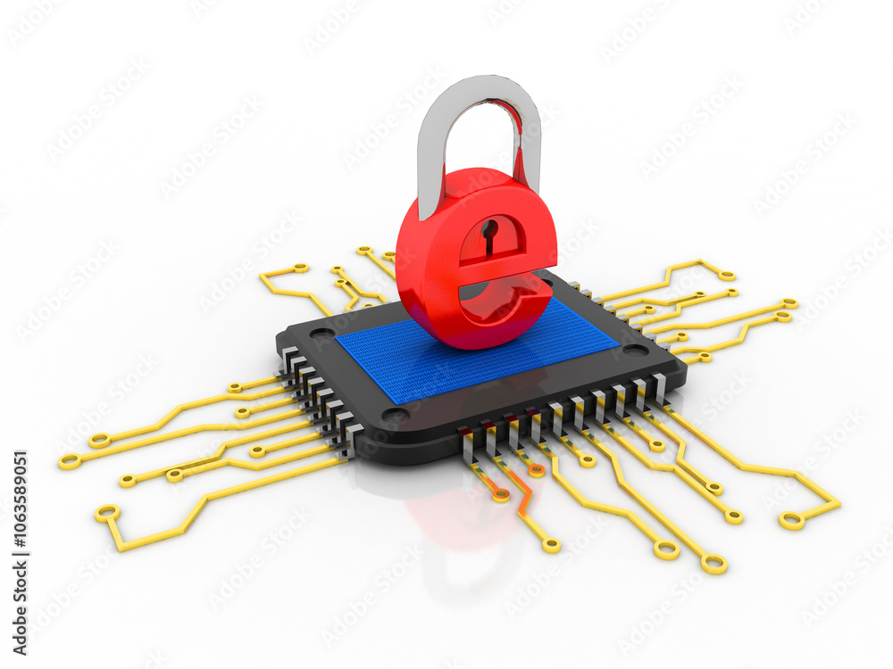 Poster 3d rendering e mail lock sign in microchips