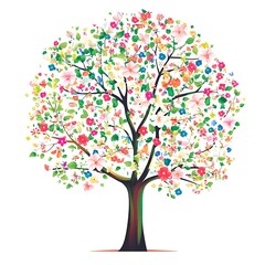 Fototapeta premium Colorful blossoming tree with a brown trunk on a white background.