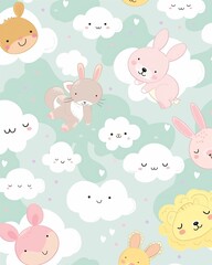Cute background with playful cartoon animals and pastel-colored clouds, with plenty of empty space for captions or other content