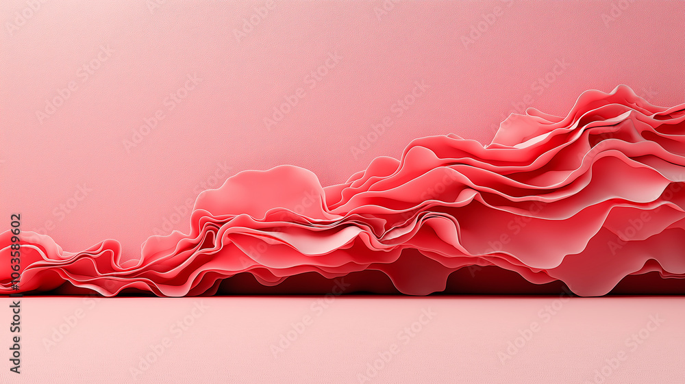 Poster Soft pink abstract background with layered, cloud like formations creating serene and artistic atmosphere. gentle curves and shades evoke sense of calm and creativity