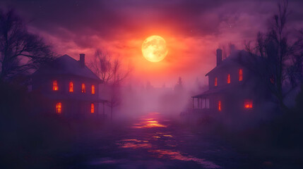 Spooky Houses Illustration with Full Moon and Fog