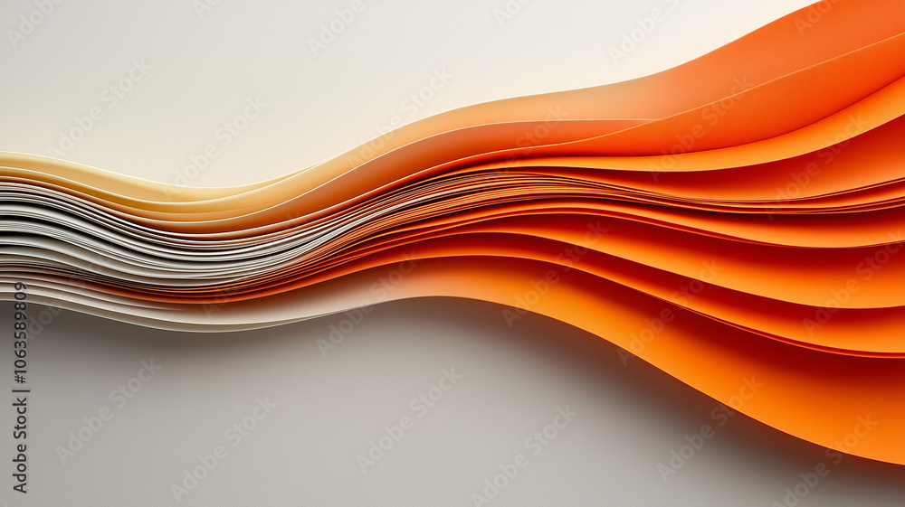 Poster abstract background with flowing layers of orange and beige paper, creating dynamic wave pattern. gr