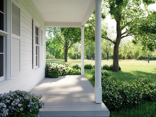 Large trees shading a farmhouse porch, spacious yard, charming countryside vibe