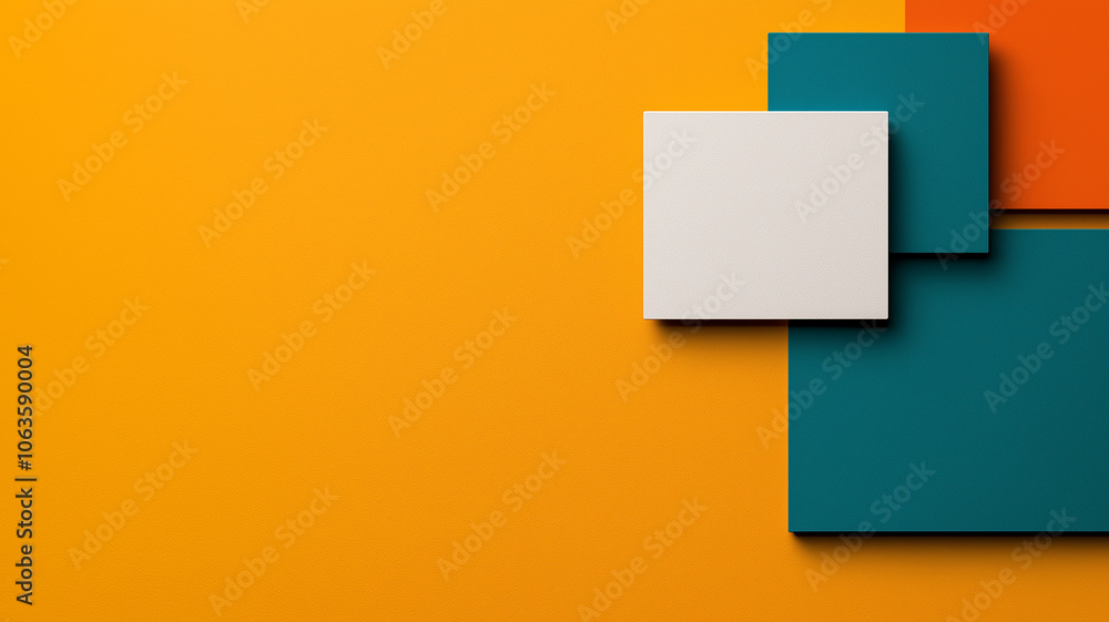 Fototapete Minimalist abstract background with overlapping color blocks in orange, teal, and white, creating modern and vibrant composition