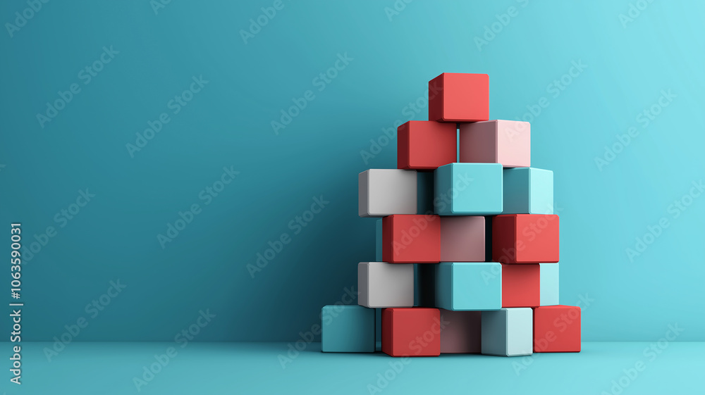 Poster stack of colorful blocks against minimalist blue background, creating playful and modern abstract composition