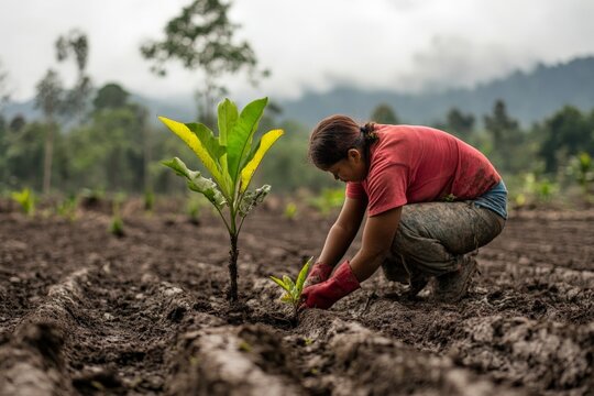 A woman kneels in the thick mud, dedicating her care to a single sapling growing amidst a vast, fertile expanse, swaddled by rolling, misty highlands and foliage.