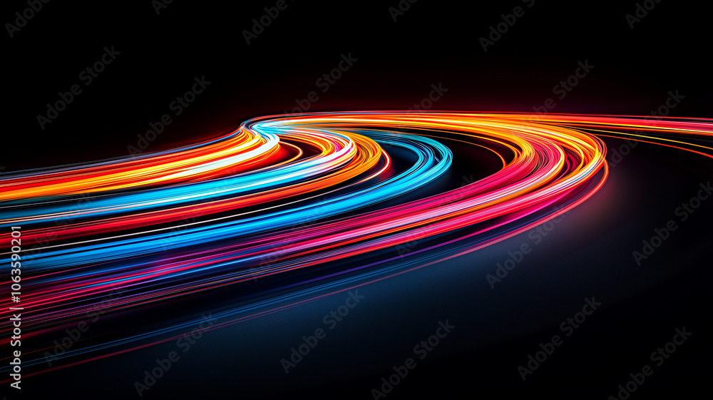 Aufkleber Vibrant neon trails create dynamic motion blur against dark background, evoking sense of speed and energy. colorful light streaks form captivating abstract pattern