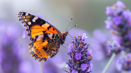 Obraz premium Butterfly perched on lavender flowers with soft lighting