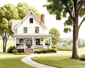 Traditional white house with large sycamores, expansive yard, cozy rural vibe