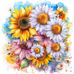 Bright and cheerful sunflowers and daisies in a loose arrangement with gradient watercolors and soft edges, perfect for a floral print on a bag or shirt. Perfect pastel tones.