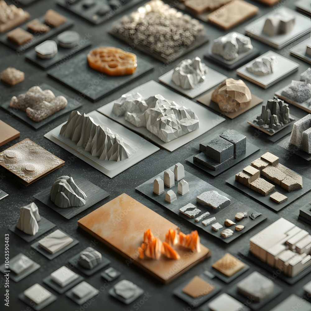 Poster a collection of 3d rendered textures and shapes, showcasing various materials and patterns.