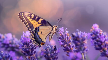 Butterfly perched on lavender flowers with soft lighting