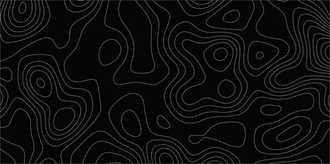 Abstract white on black background with Topographic line map pattern. abstract wavy and curved lines background. linear map. Dark seamless design. Bold tile able isolines pattern. Vector illustration.