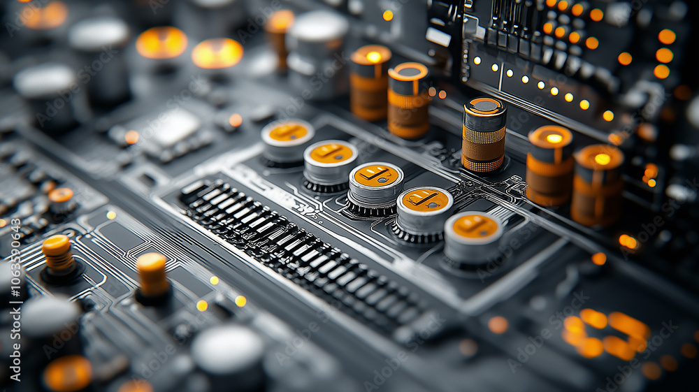 Poster detailed close up of circuit board with glowing orange lights and intricate components, showcasing c
