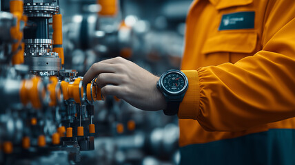 person in orange uniform operates machinery, focusing on precision and control in industrial setting. scene highlights importance of attention to detail in technical environments