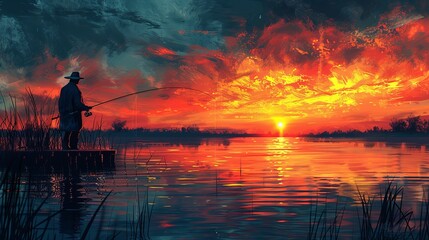 Fototapeta premium A fisherman stands at the edge of a dock, casting their line into the still water just as the first rays of sunlight break over the horizon. The air is crisp and quiet, and the scene feels calm and me