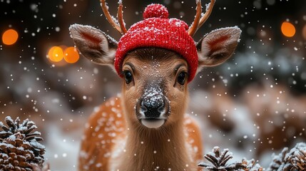 joyful christmas reindeer with a playful expression adorned with a vibrant red cap surrounded by snowflakes and festive decorations creating a lighthearted holiday scene