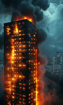 Black smoke and fire in a multi-story apartment complex 
