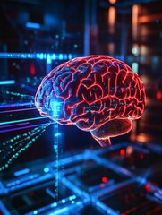 Futuristic neon brain in digital grid environment with blue and red light