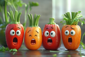 Four cartoon vegetables with surprised faces, each with different expressions, creating a playful and humorous food-themed illustration.