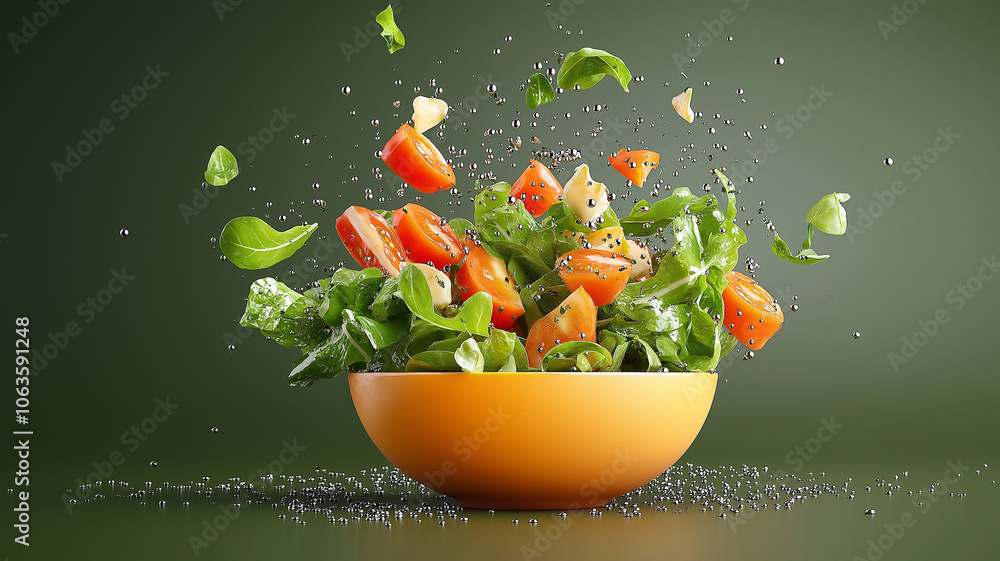 Poster vibrant salad with fresh greens, tomatoes, and cheese cubes is tossed in mid air, creating dynamic a