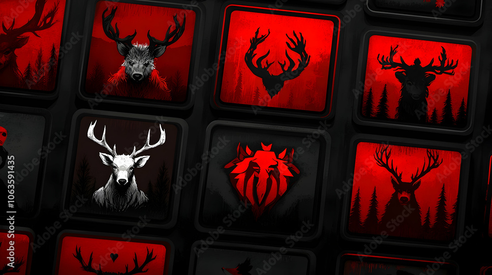 Poster a grid of black and red squares with stylized deer and wolf images in a flat design style.