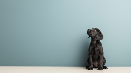 small black puppy sits on light floor against blue wall, looking up curiously. minimalist background highlights puppy shiny coat and expressive eyes