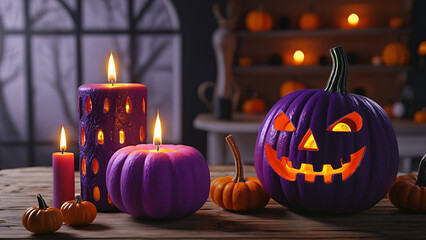 Fototapeta premium purple halloween pumpkin and candles