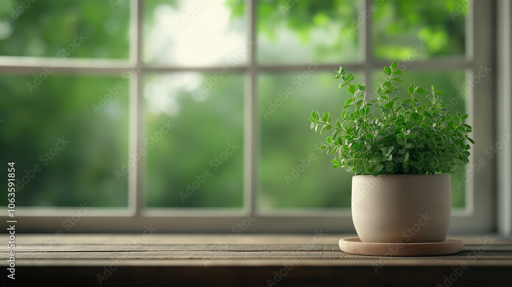 Poster potted green plant sits on wooden table by large window, creating serene and peaceful atmosphere wit
