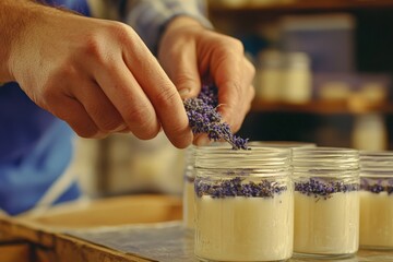 Hands expertly adding lavender to freshly prepared candles in a workshop setting, capturing the essence of artisan skill and the love of scent creation.