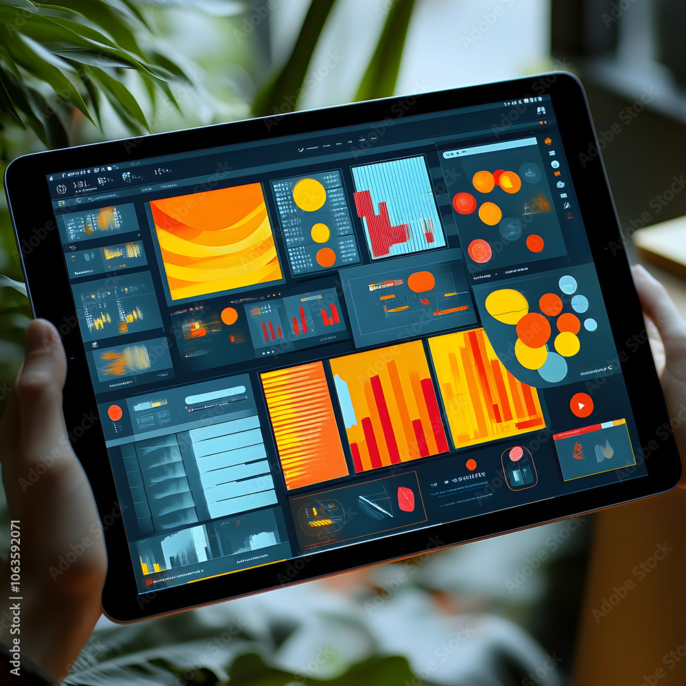 Poster a person's hands holding a tablet displaying a colorful dashboard with charts, graphs, and data visu