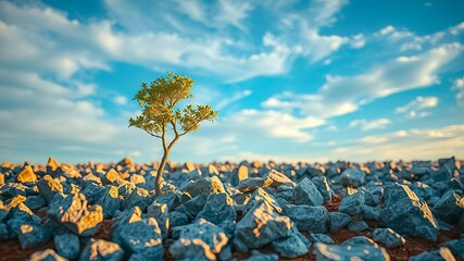 A lone tree struggles to find purchase in a field of weathered stones, its branches reaching towards the sun-drenched sky