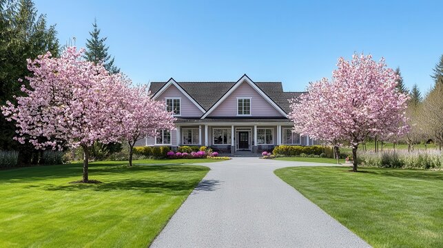Country house with large cherry trees in bloom, spacious yard, vibrant and welcoming atmosphere