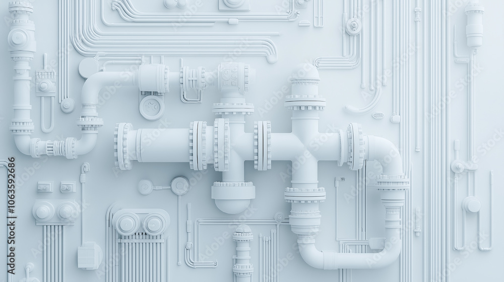 Poster intricate white plumbing system on naval ship, showcasing complex pipework and engineering design. m