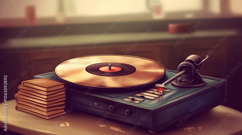 Poster a vintage record player with a stack of vinyl records sits on a table in a retro diner.