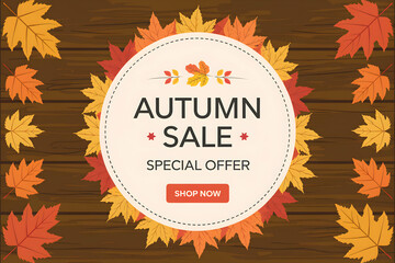 Autumn sale banner with leaves and rustic backdrop inviting seasonal design.