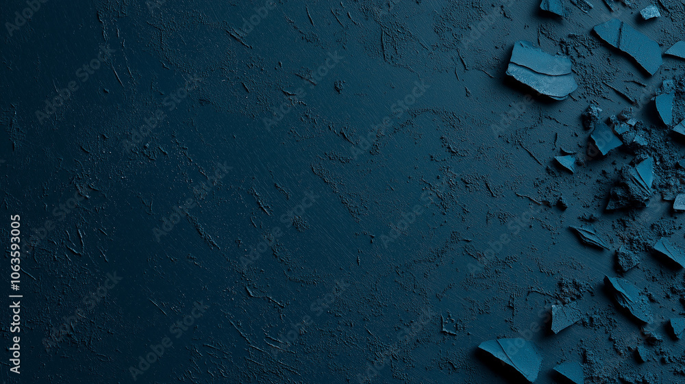 Poster textured abstract background with soft grainy look, featuring scattered dark blue fragments on rough