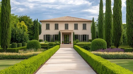 Obraz premium Large cedar trees lining a traditional estate, elegant exterior, timeless beauty